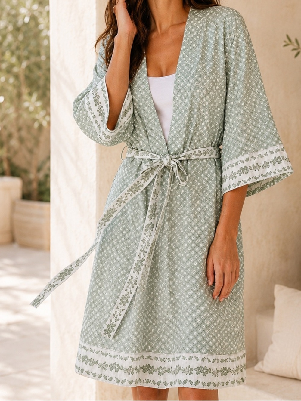 Laurence Tavernier Paris Green Cotton Sateen Kimono Robe Floral Border S